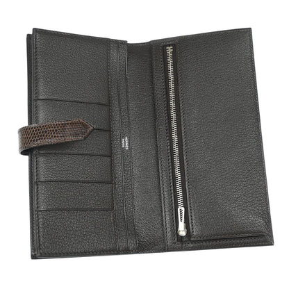 Hermes * 2008 Chocolat Lizard Bearn Soufre Bifold Long Wallet