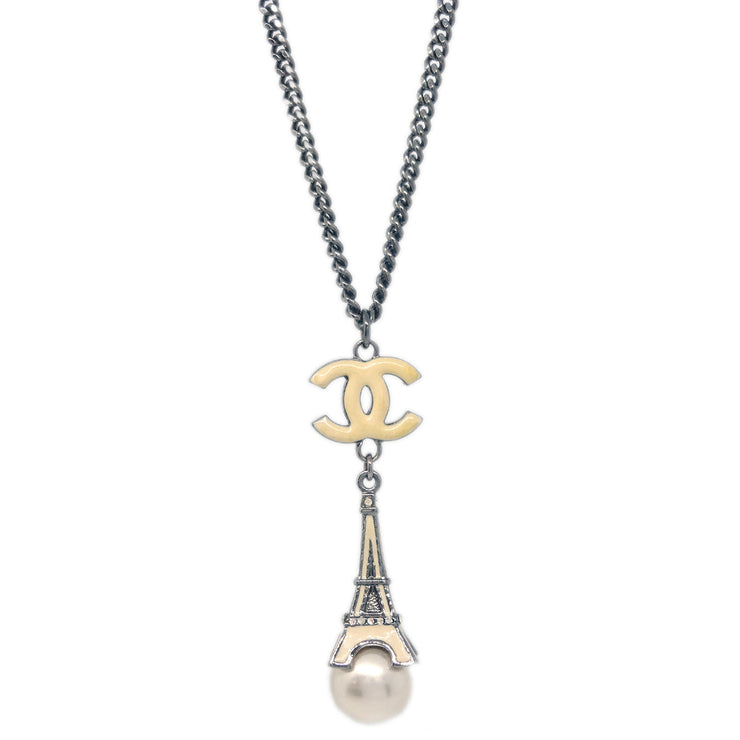 Chanel Eiffel Tower Costume Pearl Rhinestone Silver Chain Necklace 06C