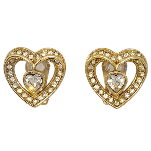 Christian Dior Gold Heart Earrings Clip-On Rhinestone