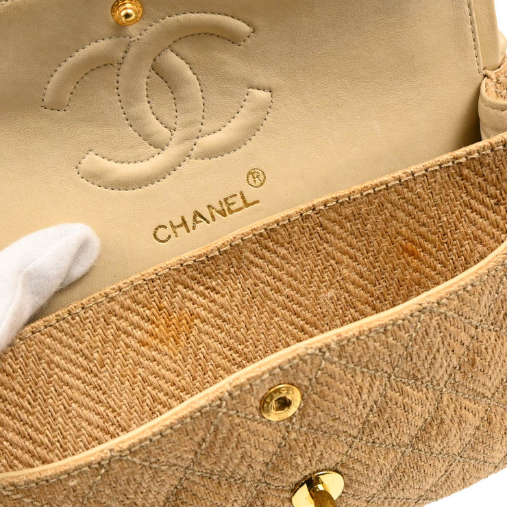 Chanel 1994-1996 Brown Straw Small Classic Double Flap Shoulder Bag