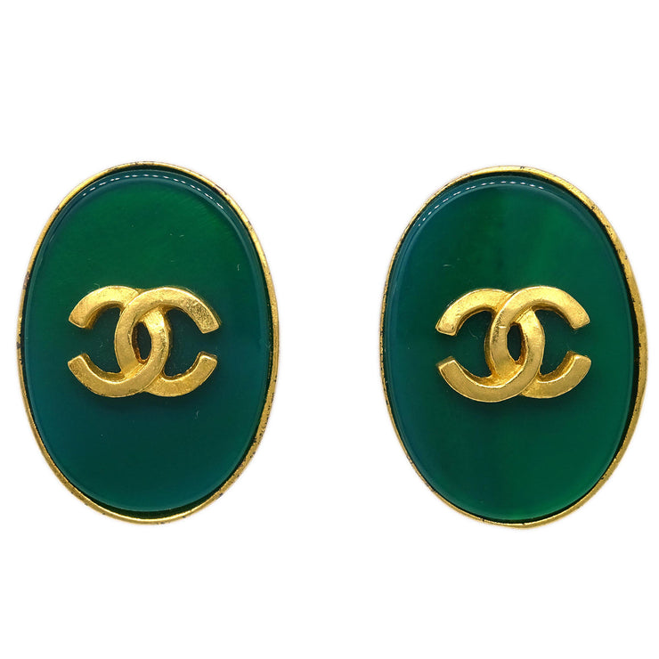 Chanel Oval Stone Earrings Clip-On Green 95A