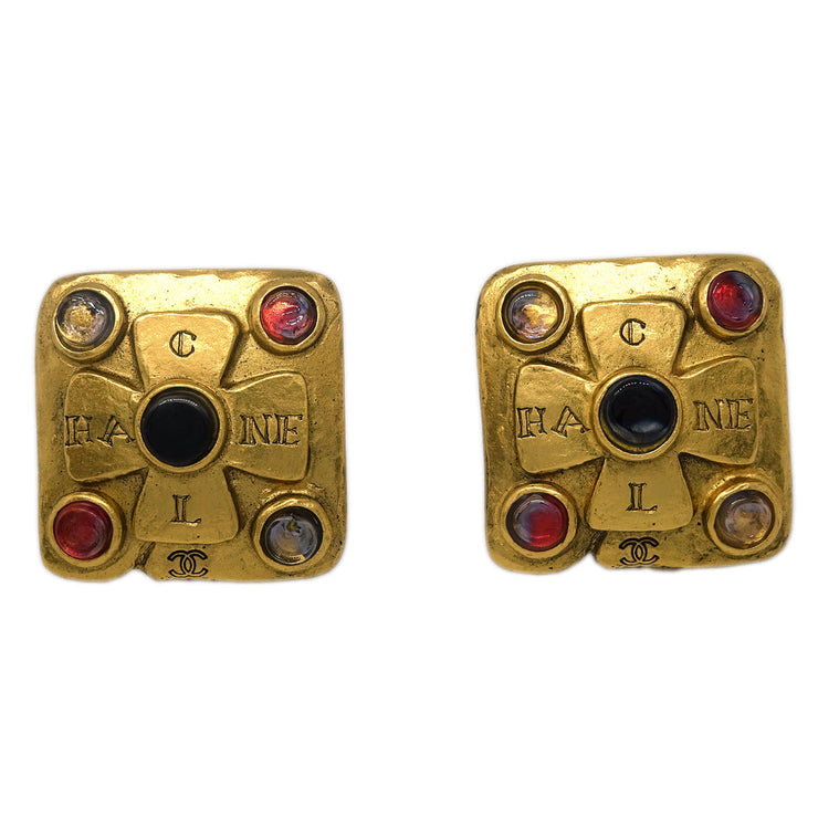 Chanel Square Earrings Clip-On Gripoix Gold 99A