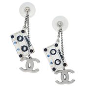 Chanel Cassette Tape Piercing Earrings Rhinestone Silver