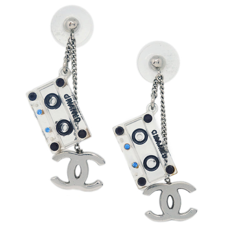 Chanel Cassette Tape Piercing Earrings Rhinestone Silver