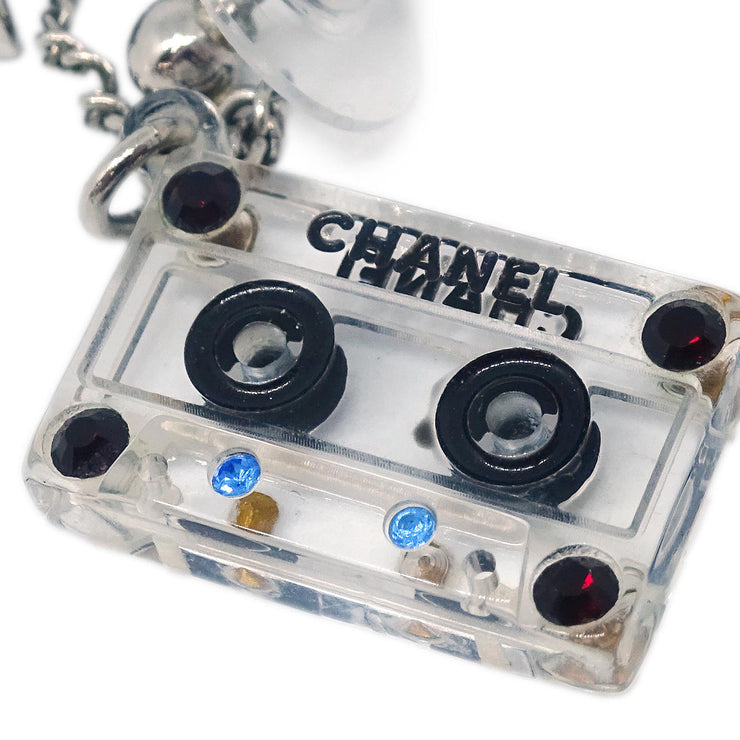 Chanel Cassette Tape Piercing Earrings Rhinestone Silver