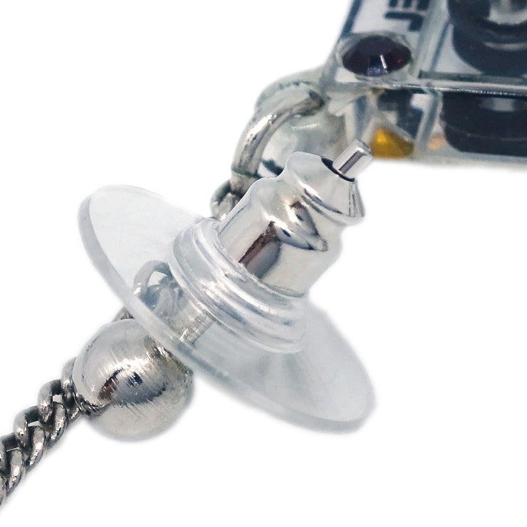 Chanel Cassette Tape Piercing Earrings Rhinestone Silver