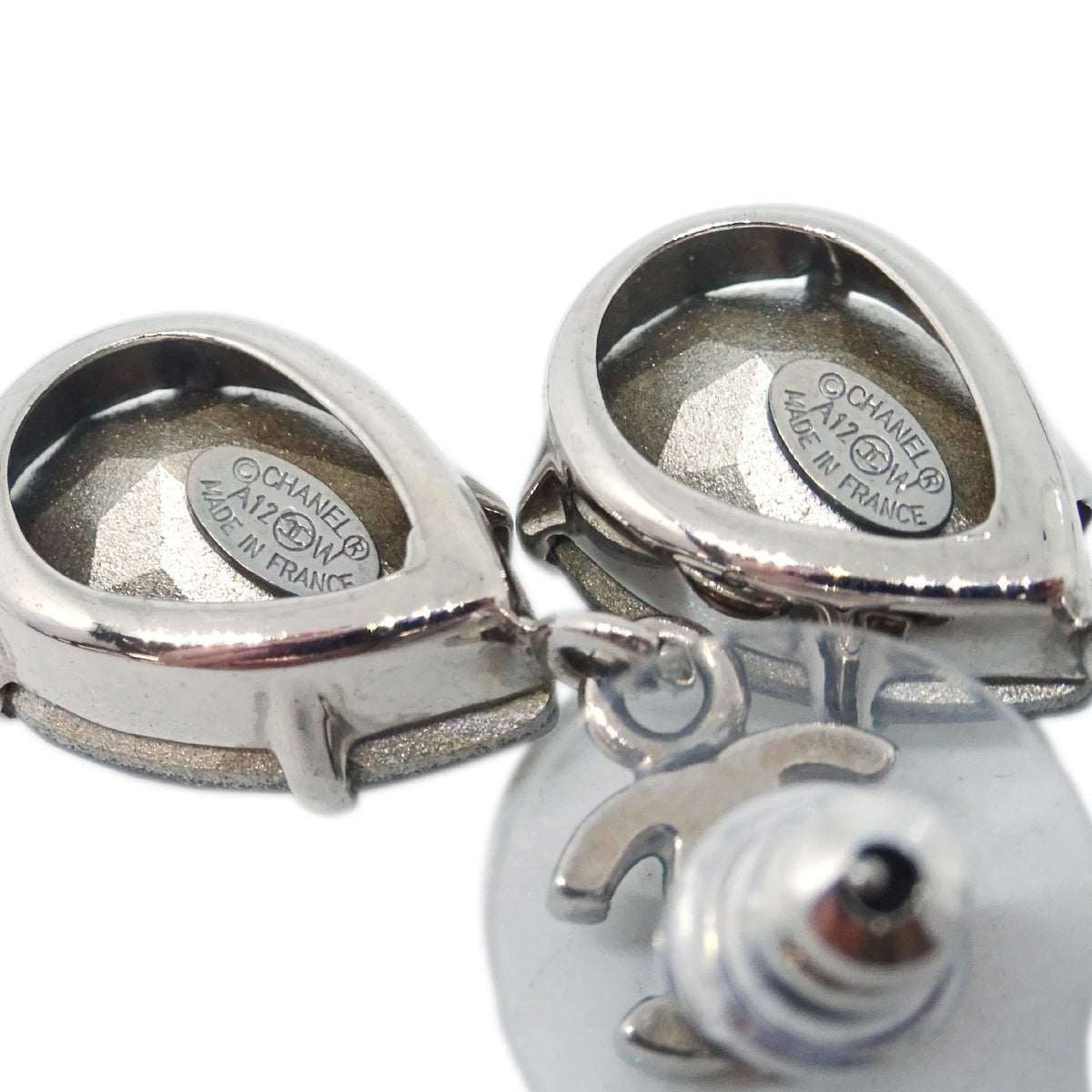 Chanel Teardrop Piercing Earrings Rhinestone Silver A12W
