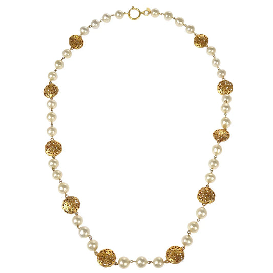 Chanel Costume Pearl Chain Necklace Gold 25