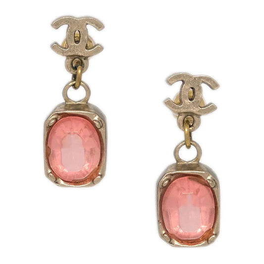 Chanel CC Dangle Piercing Earrings Gold Stone 07A