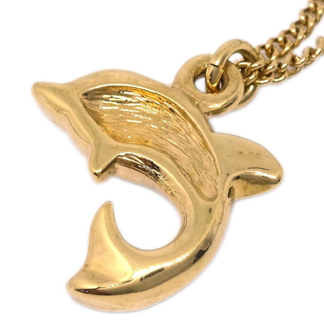 Christian Dior Dolphin Necklace Pendant Gold Rhinestone