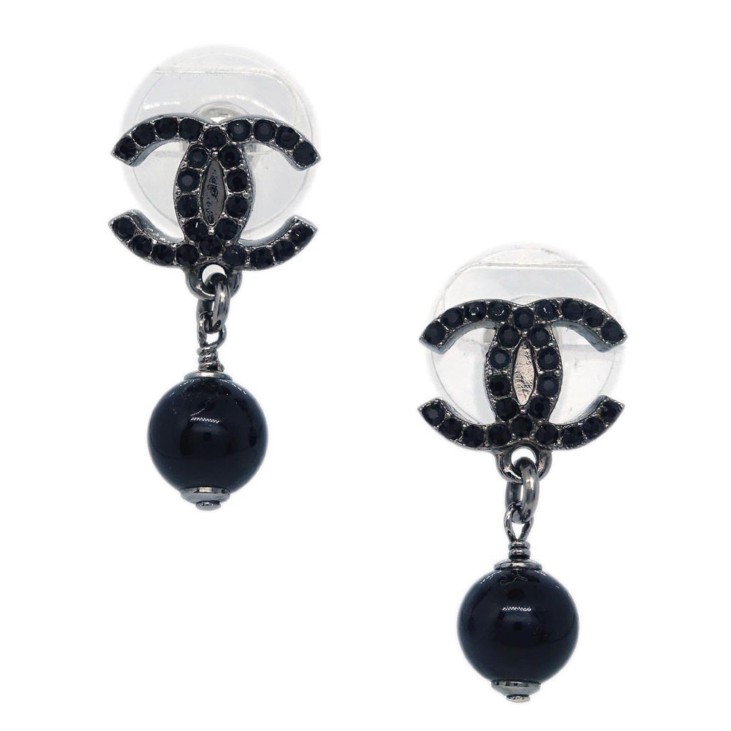 Chanel CC Dangle Piercing Earrings Rhinestone Black 09P