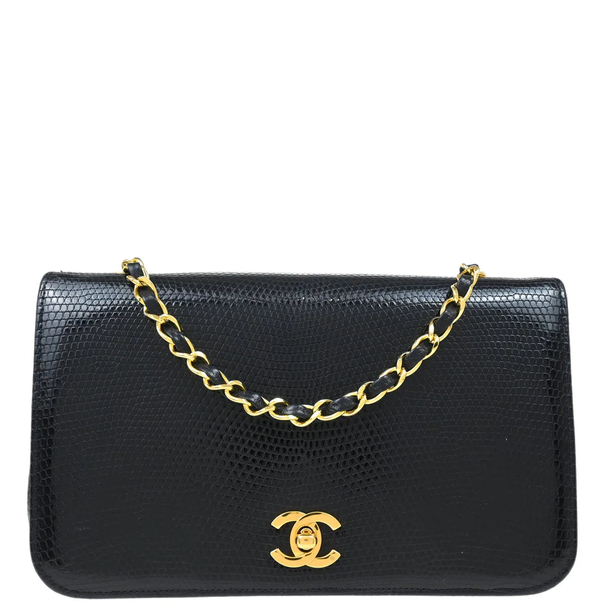 Chanel * Black Lizard Turnlock Small Full Flap Shoulder Bag