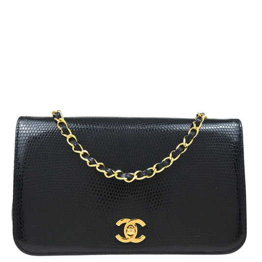 Chanel * Black Lizard Turnlock Small Full Flap Shoulder Bag