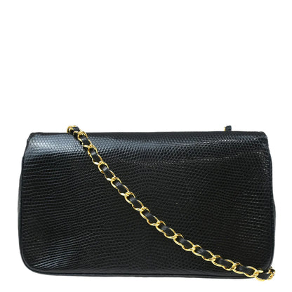 Chanel * Black Lizard Turnlock Small Full Flap Shoulder Bag