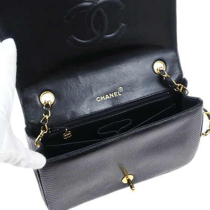 Chanel * Black Lizard Turnlock Small Full Flap Shoulder Bag