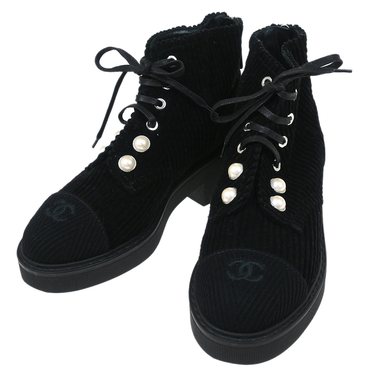 Chanel * Black Corduroy Lace Up Boots #35