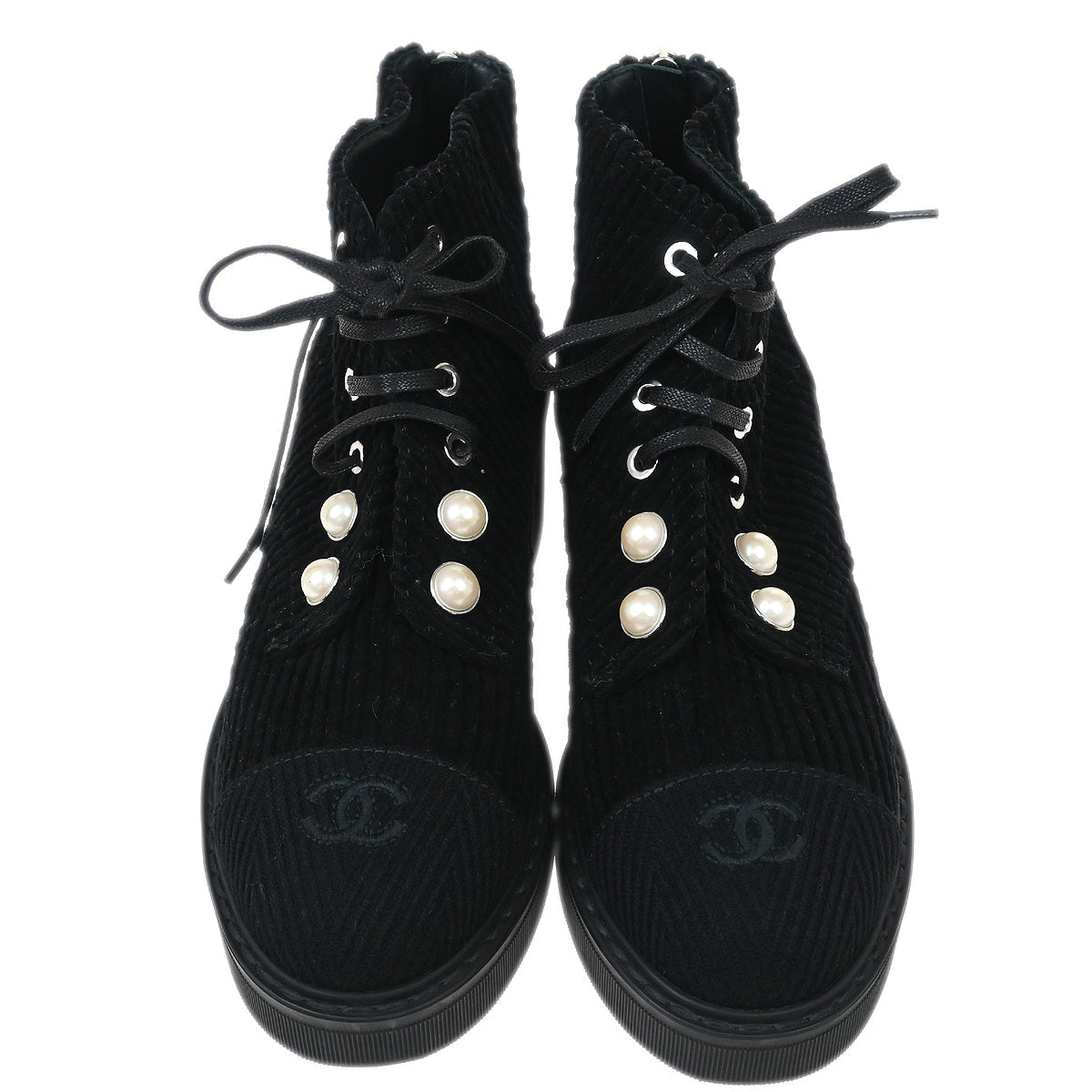 Chanel * Black Corduroy Lace Up Boots #35