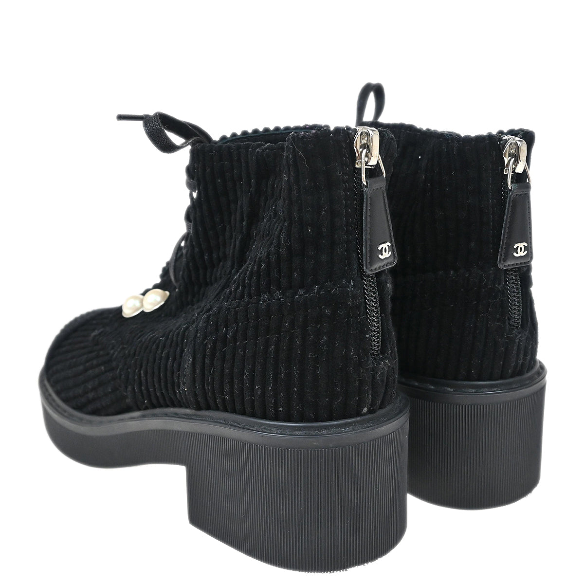 Chanel * Black Corduroy Lace Up Boots #35