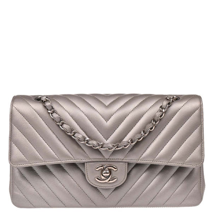 Chanel 2016-2017 Silver Caviar Chevron Medium Classic Double Flap Shoulder Bag
