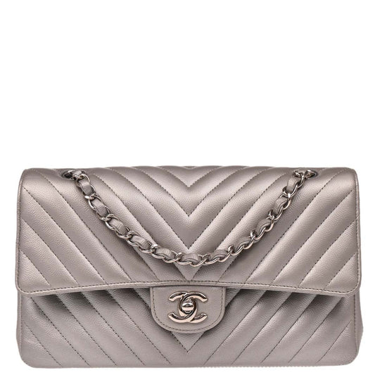 Chanel 2016-2017 Silver Caviar Chevron Medium Classic Double Flap Shoulder Bag