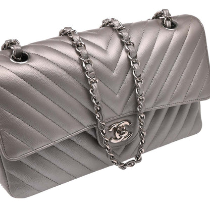 Chanel 2016-2017 Silver Caviar Chevron Medium Classic Double Flap Shoulder Bag