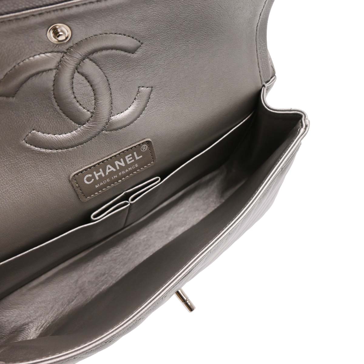 Chanel 2016-2017 Silver Caviar Chevron Medium Classic Double Flap Shoulder Bag