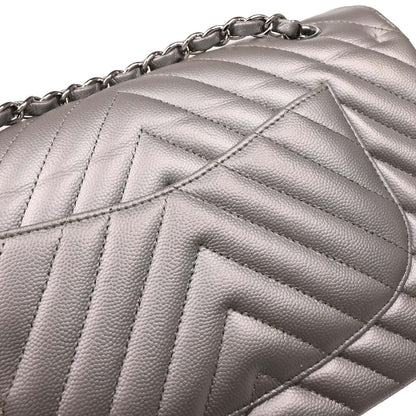 Chanel 2016-2017 Silver Caviar Chevron Medium Classic Double Flap Shoulder Bag