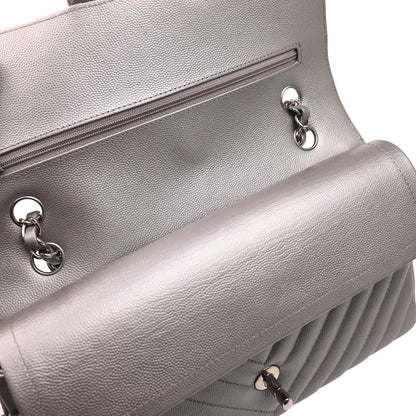 Chanel 2016-2017 Silver Caviar Chevron Medium Classic Double Flap Shoulder Bag