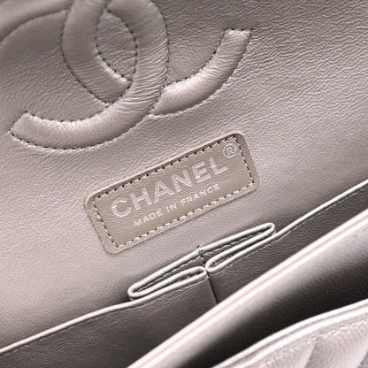 Chanel 2016-2017 Silver Caviar Chevron Medium Classic Double Flap Shoulder Bag