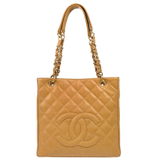 Chanel 2003-2004 Beige Caviar Petite Shopping Tote PST Chain Handbag