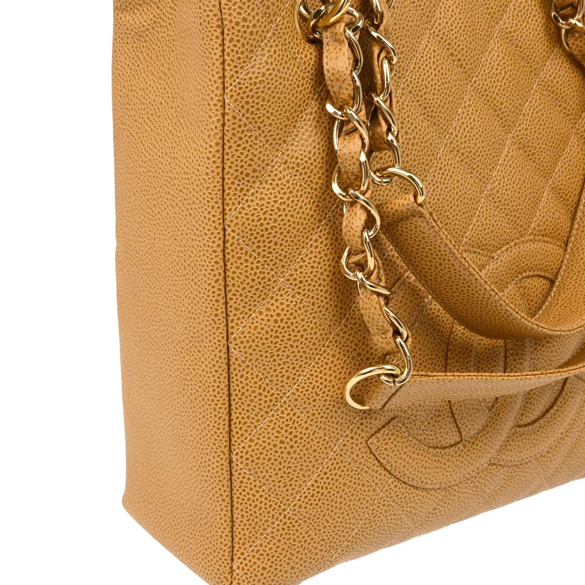 Chanel 2003-2004 Beige Caviar Petite Shopping Tote PST Chain Handbag