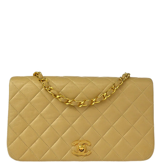 Chanel 1989-1991 Beige Lambskin Turnlock Small Full Flap Shoulder Bag