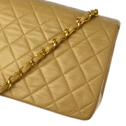 Chanel 1989-1991 Beige Lambskin Turnlock Small Full Flap Shoulder Bag