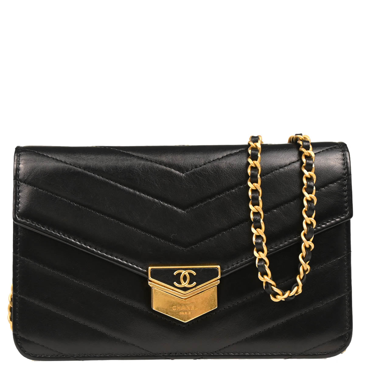 Check Chanel 2018-2019 Black Lambskin Chevron Medal Flap WOC Shoulder Wallet Bag