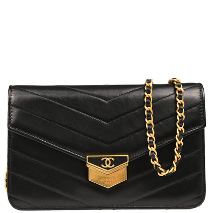 Check Chanel 2018-2019 Black Lambskin Chevron Medal Flap WOC Shoulder Wallet Bag