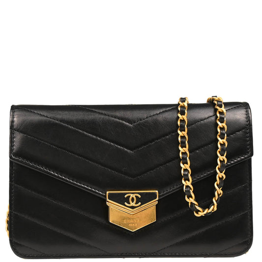 Check Chanel 2018-2019 Black Lambskin Chevron Medal Flap WOC Shoulder Wallet Bag