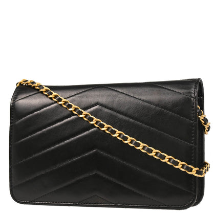 Check Chanel 2018-2019 Black Lambskin Chevron Medal Flap WOC Shoulder Wallet Bag