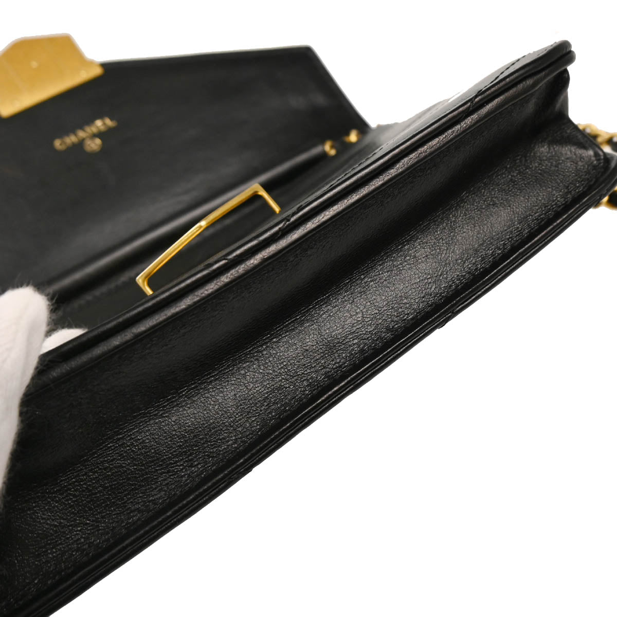 Check Chanel 2018-2019 Black Lambskin Chevron Medal Flap WOC Shoulder Wallet Bag