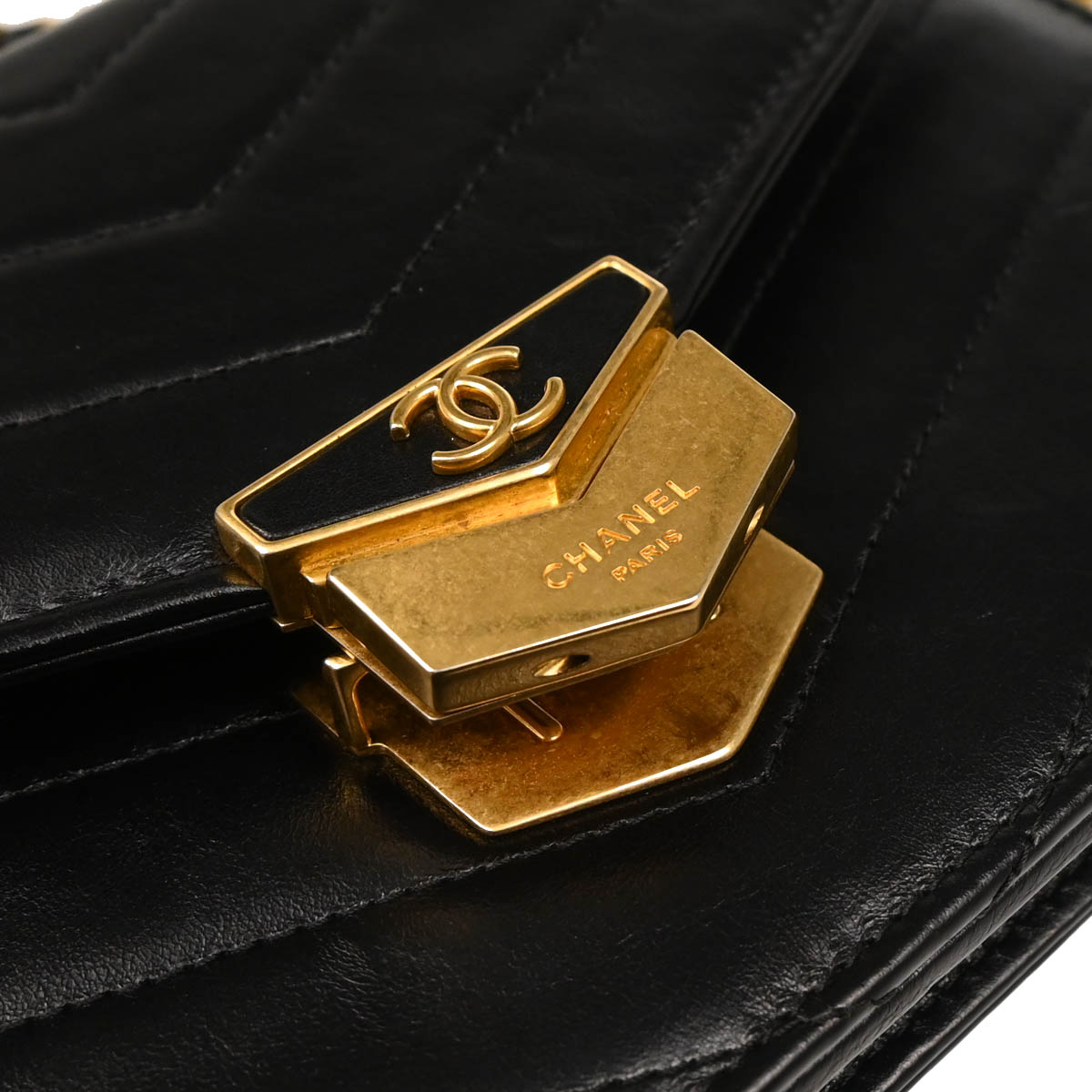 Check Chanel 2018-2019 Black Lambskin Chevron Medal Flap WOC Shoulder Wallet Bag