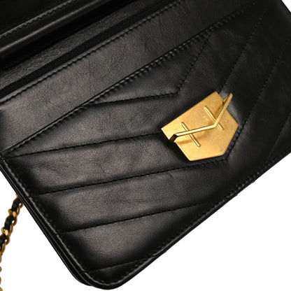 Check Chanel 2018-2019 Black Lambskin Chevron Medal Flap WOC Shoulder Wallet Bag