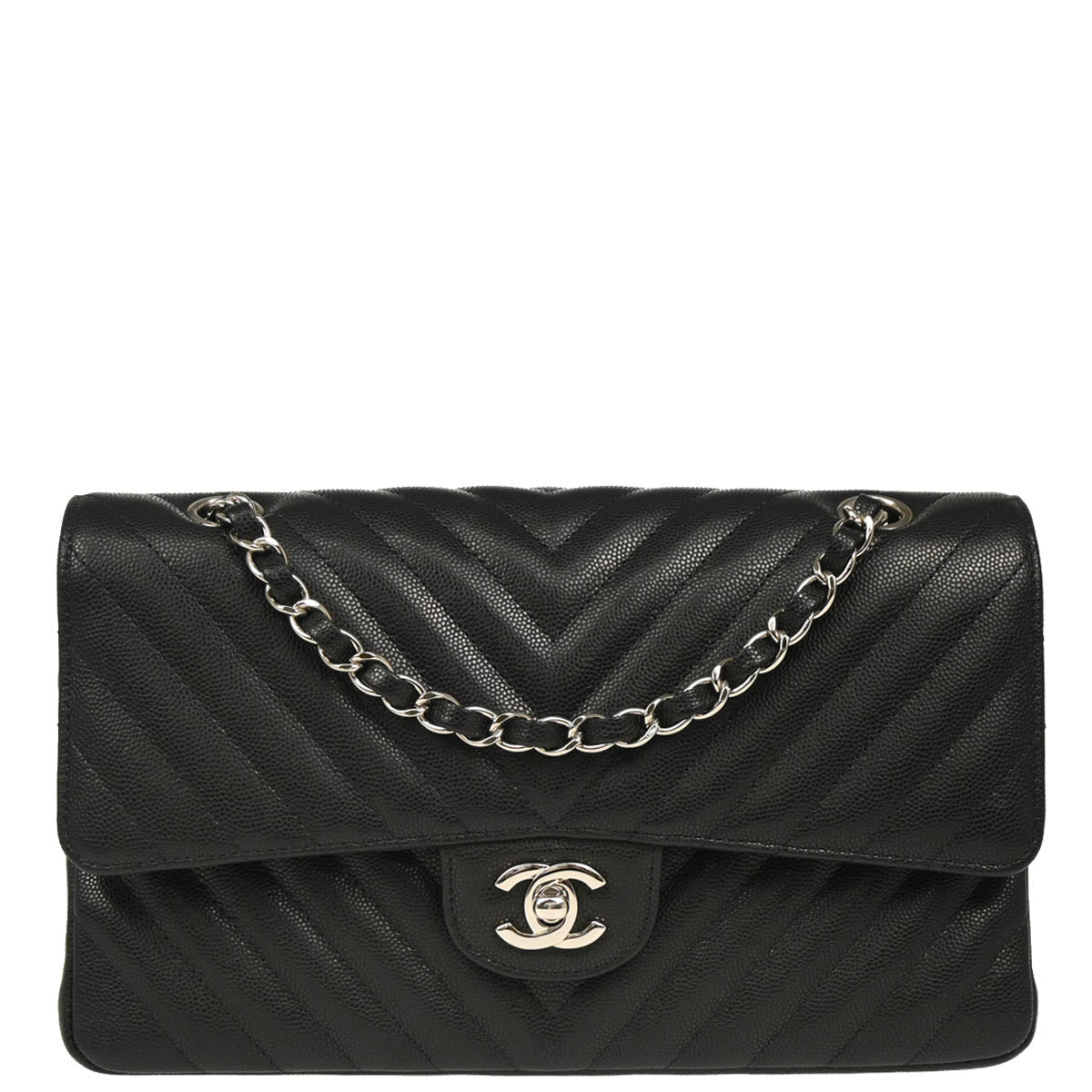 Chanel 2017-2018 Black Caviar Chevron Medium Classic Double Flap Shoulder Bag