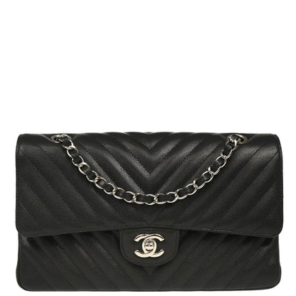 Chanel 2017-2018 Black Caviar Chevron Medium Classic Double Flap Shoulder Bag
