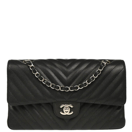 Chanel 2017-2018 Black Caviar Chevron Medium Classic Double Flap Shoulder Bag