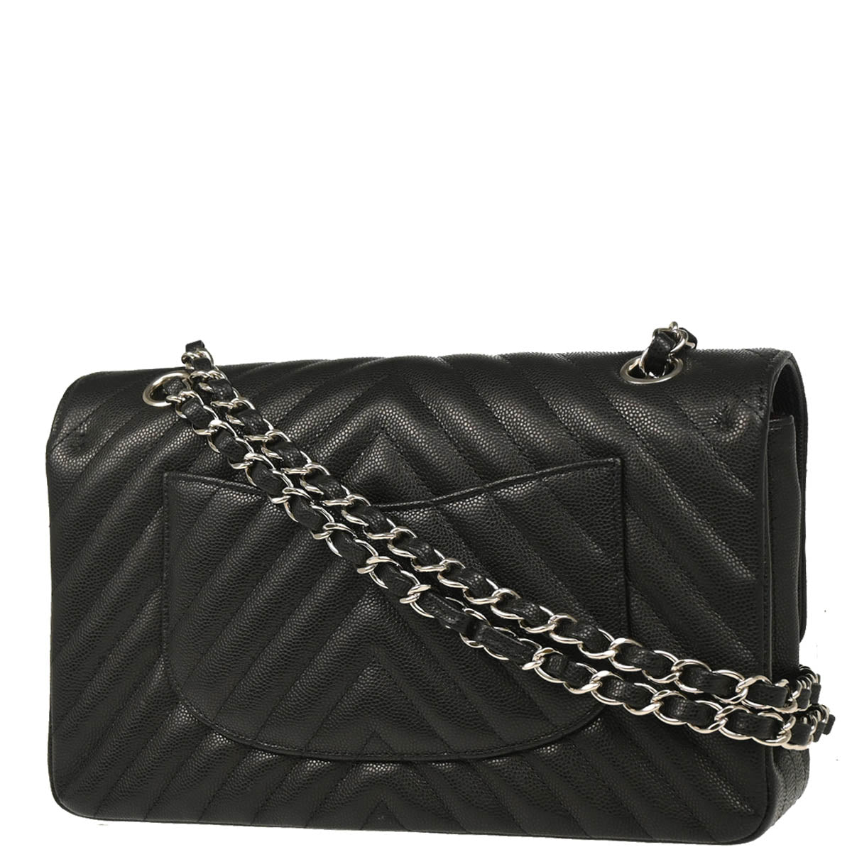 Chanel 2017-2018 Black Caviar Chevron Medium Classic Double Flap Shoulder Bag