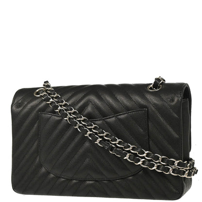 Chanel 2017-2018 Black Caviar Chevron Medium Classic Double Flap Shoulder Bag
