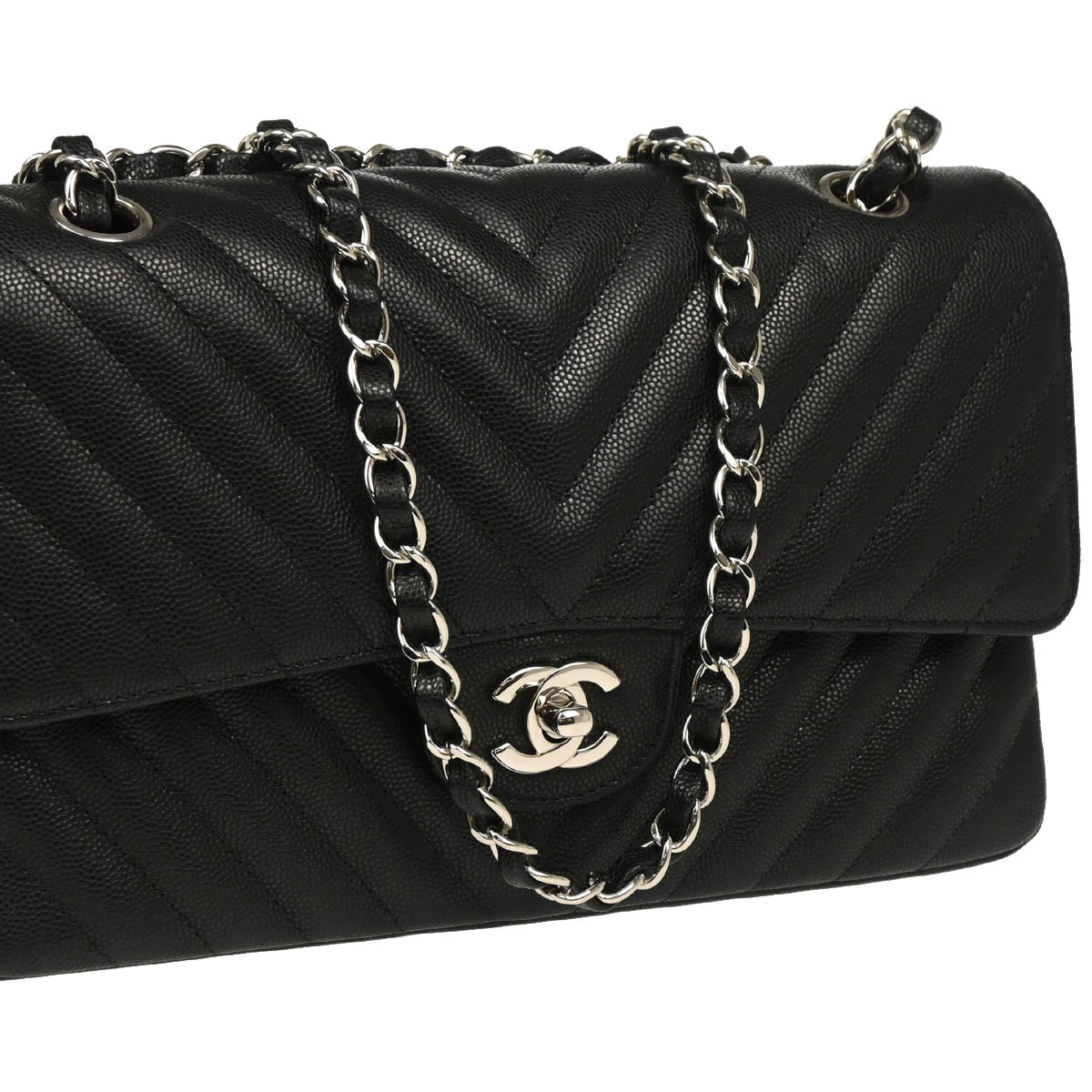 Chanel 2017-2018 Black Caviar Chevron Medium Classic Double Flap Shoulder Bag