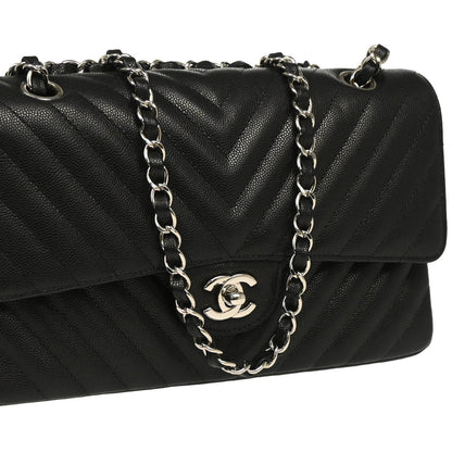 Chanel 2017-2018 Black Caviar Chevron Medium Classic Double Flap Shoulder Bag