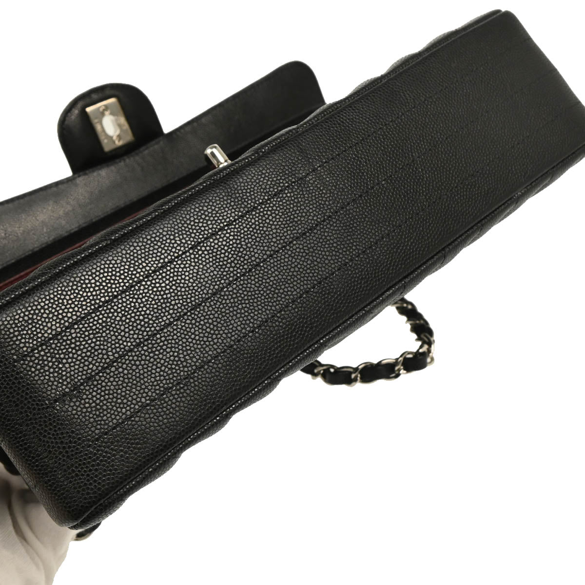 Chanel 2017-2018 Black Caviar Chevron Medium Classic Double Flap Shoulder Bag