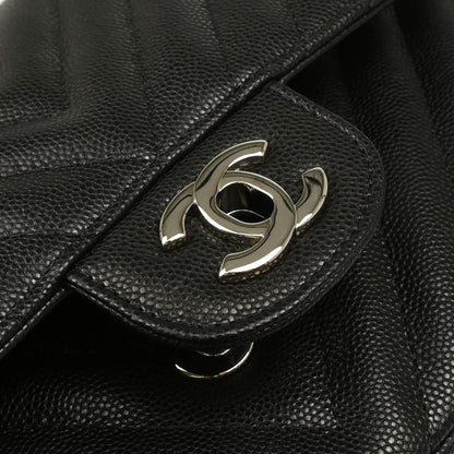 Chanel 2017-2018 Black Caviar Chevron Medium Classic Double Flap Shoulder Bag