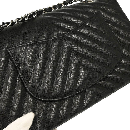 Chanel 2017-2018 Black Caviar Chevron Medium Classic Double Flap Shoulder Bag